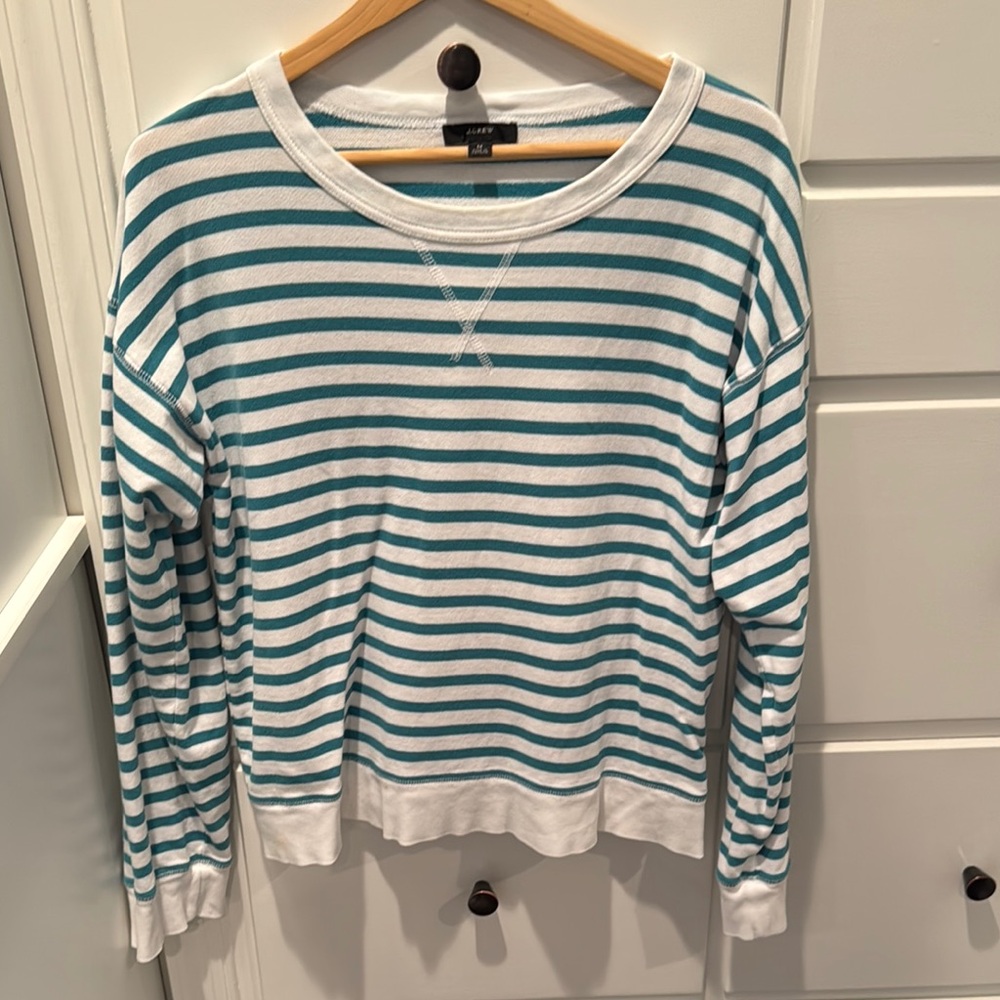 J. Crew White and Teal Striped sweatshirt